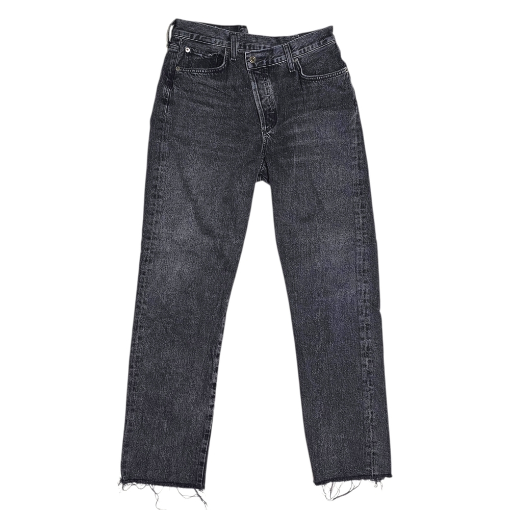 Agolde Criss Cross High-Rise Black Straight-Leg Raw Hem Jeans Size 28